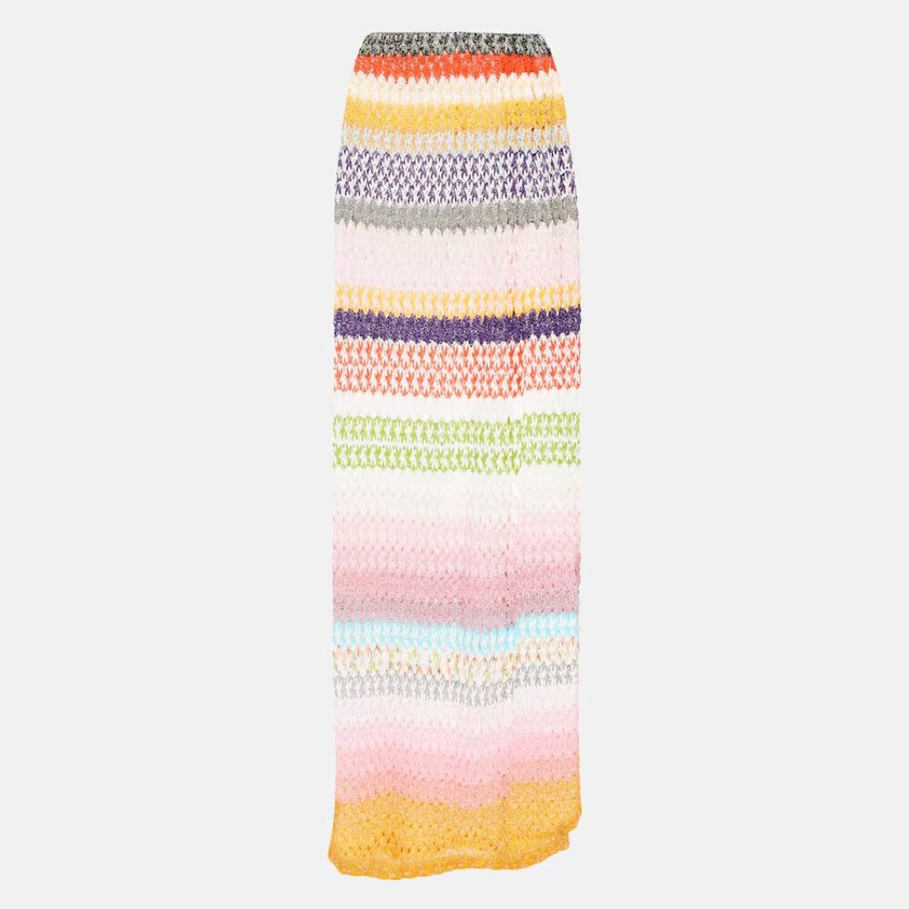 MISSONI Metallic Crochet Knit High-rise Maxi Skirt In Multicolored Slit Coverup